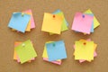 6 set colorful of sticky notes push pins on cork board Royalty Free Stock Photo