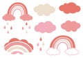 Set of colorful stylized rainbow clouds raindrops pink coral and beige pastel shades vector illustration