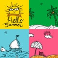 Set of colorful Summer Cards in doodle style.