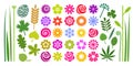 Set of colorful summer flowers, leaves and stems in imple cartoon flat style.