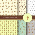 Set of colorful summer patterns. Sweet ice cream in cups. Designer wrapping paper, seamless wallpaper.