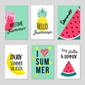 Set of Colorful summer poster with fruits, ice cream and geometric elements in memphis style background, vector.