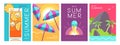 Set of colorful summer posters with summer attributes. Cocktail silhouette, tequila sunrise, beach umbrella, ice cream