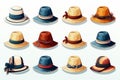 Set of colorful summer travel hats with bows for women icons on white background Royalty Free Stock Photo