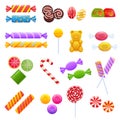 Set of colorful sweet chocolates, desserts, assorted delicious food.