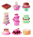 Set of colorful sweet tasty creamy birthday cakes