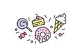 Set of colorful sweets icons isolated. Trendy linear style ice cream donut lollypop cake candy.