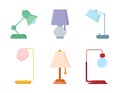 Set of colorful table lamps in cartoon style. Vector illustration of various lamps for home interiors white background Royalty Free Stock Photo