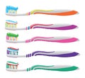 Set of colorful toothbrushes with toothpaste. vector