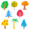 Set of Colorful Trees, Watercolor Drawn, Isolated