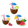 Set of colorful of tropical coconuts cocktails Royalty Free Stock Photo