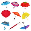 Set Of Colorful Umbrellas With Pretty Unusual Design Vector Illustrations