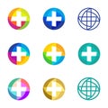 Set of colorful vector crosses logo. Round medical icons. Religious signs. Doctor`s office emblems. Ambulance labels