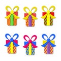 Set of colorful vector gift boxes with bows and ribbons. Royalty Free Stock Photo