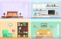 Set of colorful vector interior design house rooms with furniture icons: living room, bedroom. Flat style.