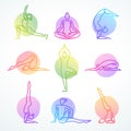 Set of colorful vector line figures in various yoga poses