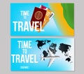 Set of Colorful vector travel banner design with passport, airplane and tickets. Vector background.