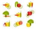 Set of colorful vegetables icons with overlay effects isolated on white background