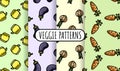 Set of colorful vegetables seamless patterns. Flat design collection of background texture tiles Royalty Free Stock Photo
