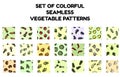 Set of colorful vegetables seamless patterns. Flat design collection of background texture tiles Royalty Free Stock Photo