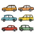 Set colorful vintage cars side view, handdrawn vehicles. Classic automobiles cartoon, collection