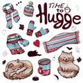 Set of colorful warm winter clothes in the style of Hugge.