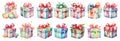 Set of colorful watercolor gift boxes with bows and ribbons on white background with clipping path include Royalty Free Stock Photo