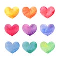 Set of colorful watercolor hearts for valentines day, holiday, health care and wedding decoration Royalty Free Stock Photo