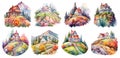 set of colorful watercolor houses