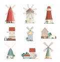 Set of colorful windmills and watermills of different types - smock, tower, post mills isolated on white background