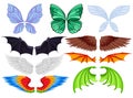 Flat vector set of colorful wings of different creatures butterfly, fairy, bat, bird, angel and dragons. Elements of Royalty Free Stock Photo