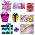 Set of colorful wrapped cardboard gift boxes decorated with ribbon, bow. Watercolor hand drawn illustration in cartoon style Royalty Free Stock Photo