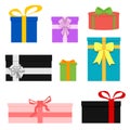 Set of colorful wrapped gift boxes. Lots presents. Vector illustration. Isolated on white. Royalty Free Stock Photo
