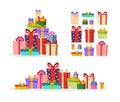 Set of colorful wrapped gift boxes with ribbons and bows. Big pile of holiday gifts. Flat style vector illustration Royalty Free Stock Photo