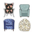 Set of colorfull and patterned vector armchairs