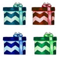 Set of colorfyl striped wrapped gift cardboard boxes with ribbon. Blue, mint, green, red colors. Watercolor markers hand drawn Royalty Free Stock Photo