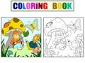 Set of coloring book and color picture. Children, gnome sees under mushroom and communicates with insects and slugs.