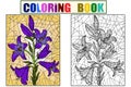 Set coloring book and color picture. Drawing example. Flowers lilium. Purple lily flower on an orange background. Zen