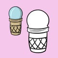 A set for a coloring book. Light blue vanilla and fruit ice cream in a waffle cup, sweet cold dessert, cartoon vector