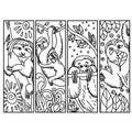 Set of coloring bookmarks with sloth, mom and baby animals, tropical plants and patterns on the bookmark