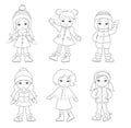 Set coloring of characters funny girls in winter.