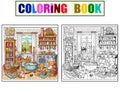 Set coloring and color picture, kitchen room. Like grandma, cute childish. Vector, generative ai. Royalty Free Stock Photo