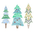 Set of coloring various lagom firs with hatching and scribble. Hand-drawn Christmas trees with toys. Vector ink element Royalty Free Stock Photo