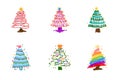 Set coloring various lagom firs with hatching scribble style. Hand-drawn Christmas trees