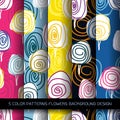 Set of 5 colors patterns with flowers and abstract decorative elements design Royalty Free Stock Photo