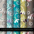 Set of 5 colors patterns with flowers.