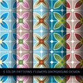 Set of 5 colors patterns with flowers and abstract.