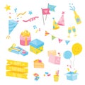 Set of colourful birthday party stuffs.vector illustration