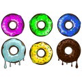 A set of colourful doughnuts in the glaze