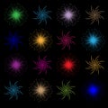 Set of colourful fireworks on black background, vector illustration